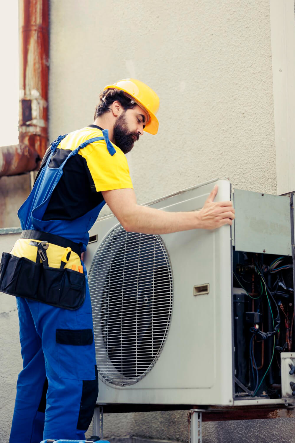 certified-technician-contracted-fix-broken-air-conditioner-dismantling-condenser-front-coil-panel-check-faulty-internal-components-electrician-opening-hvac-system-check-improper-wiring